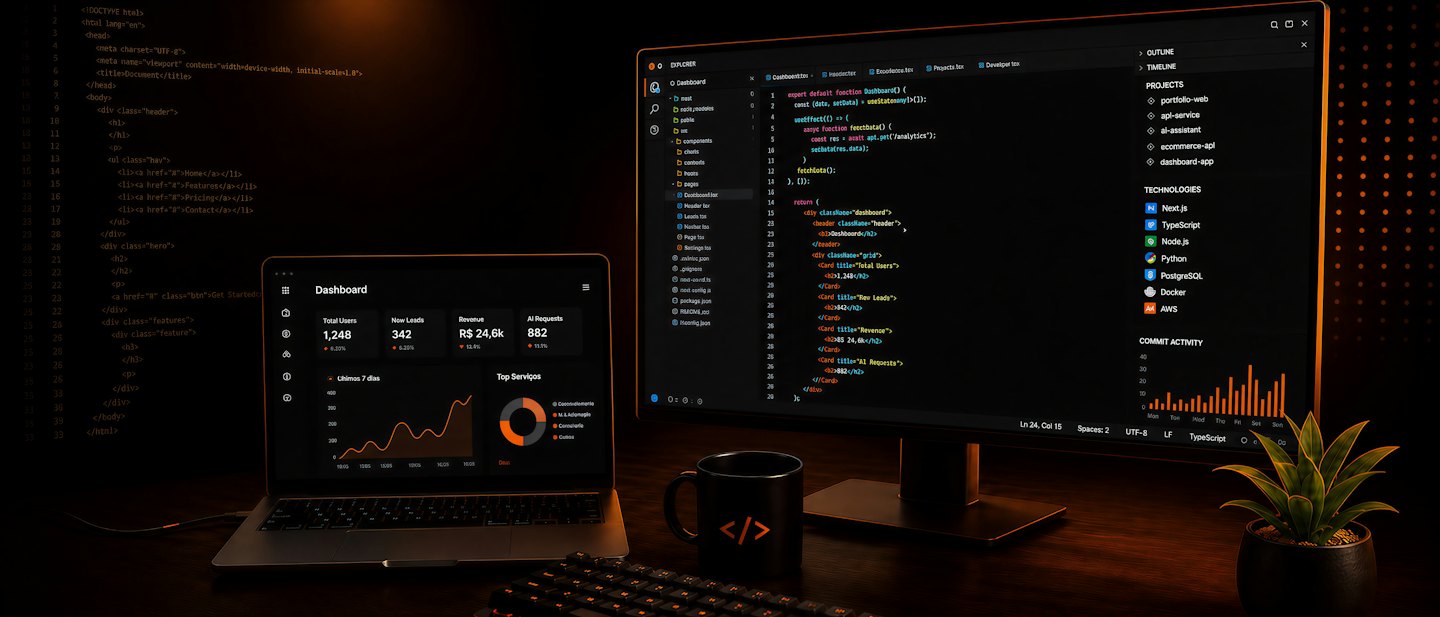 Un laptop e un monitor che mostrano codice software e dashboard aziendali.